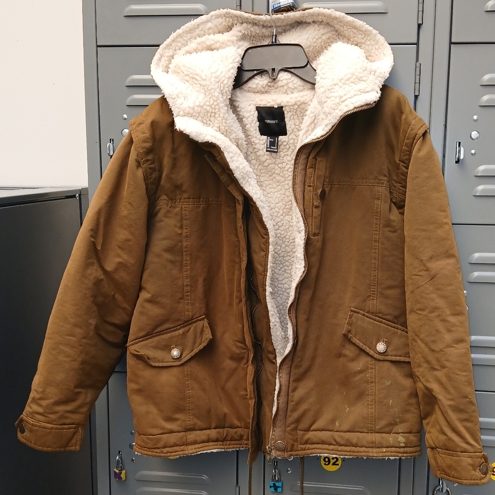 Forever21 Womens Tan Parka  Creme Sherpa Lined Coat W/ Hood